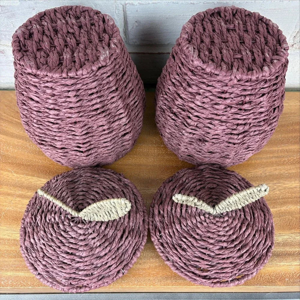 Vintage Burgundy Woven Apple Lidded Baskets Set of 2 Fall Home Decor Autumn Boho